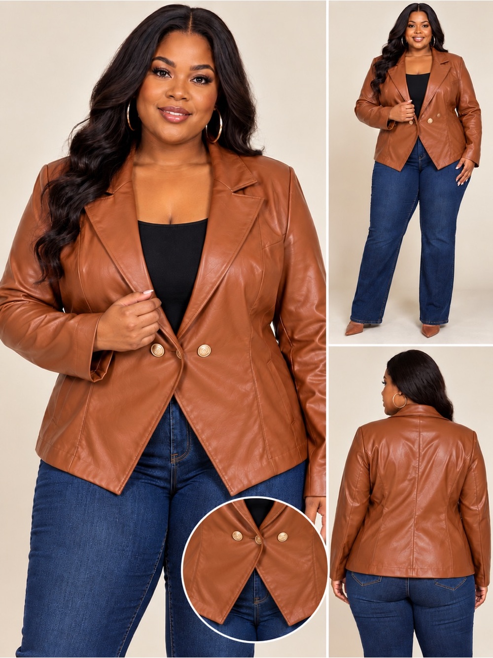 Fate Plus Size Faux Leather Blazer in Cognac Brown
